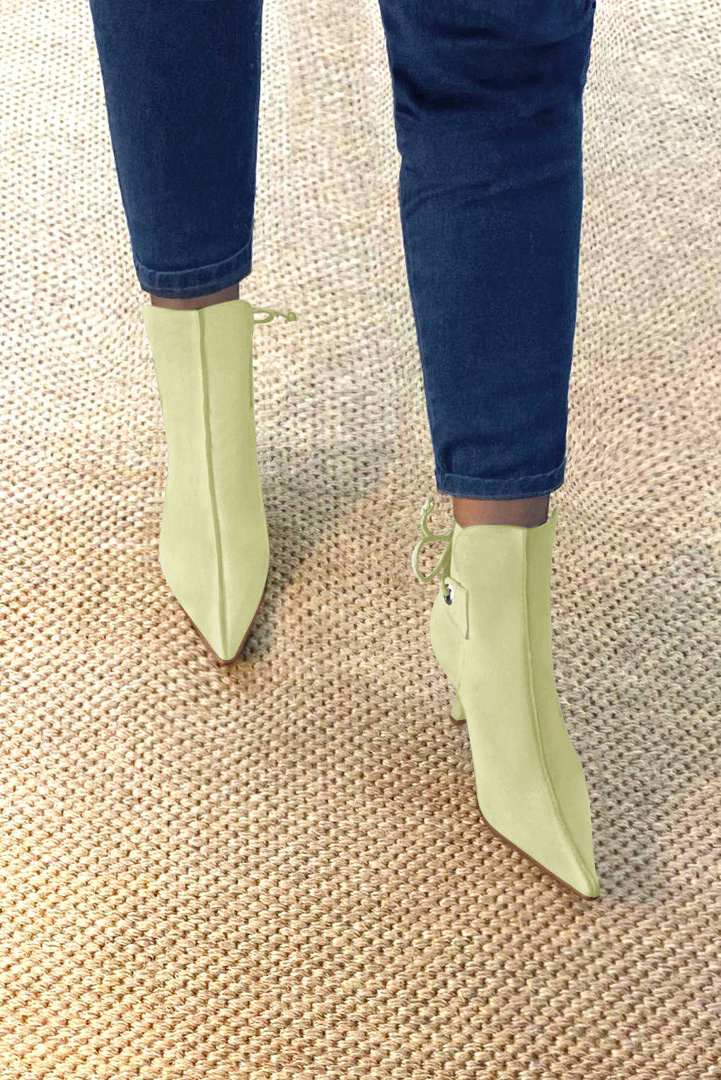 Meadow green women's ankle boots with laces at the back. Pointed toe. High slim heel. Worn view - Florence KOOIJMAN